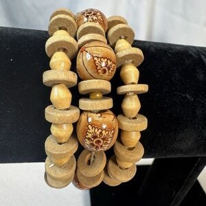 Natural Wood Multi Beaded Boho Minimalist Stretch Bracelet x3